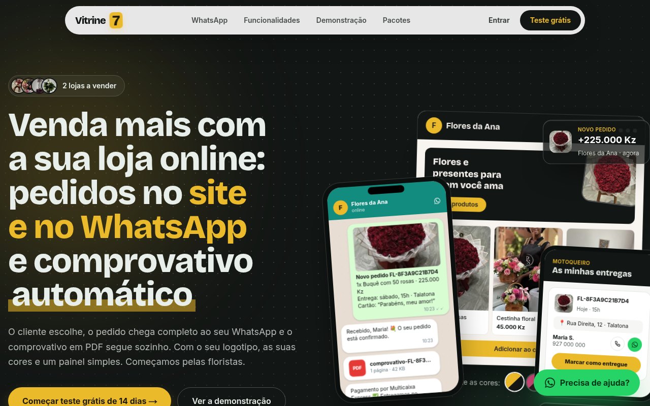 Página de vendas da Vitrine7: venda mais com a sua loja online, pedidos no site e no WhatsApp e comprovativo automático